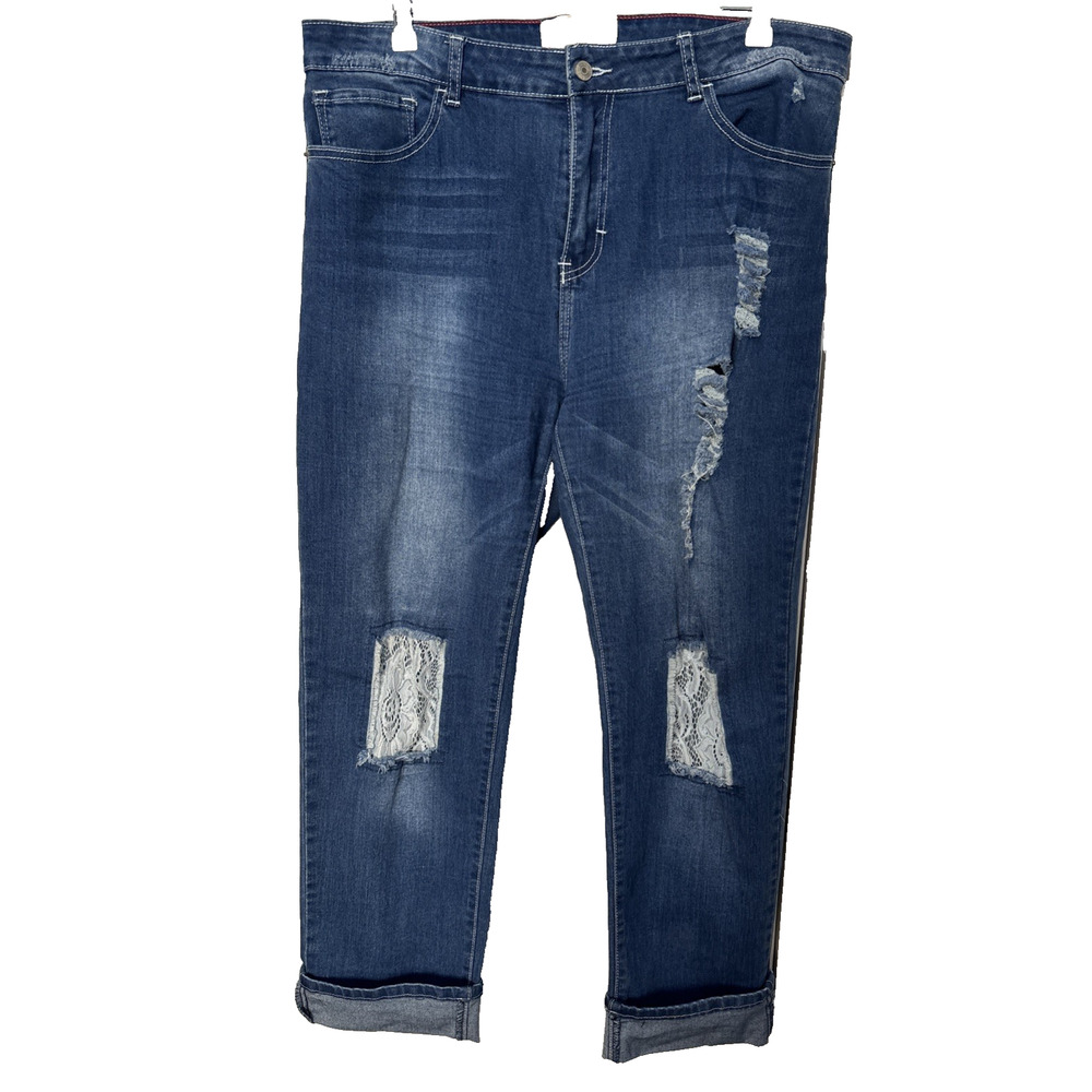 L&B Lucky & Blessed Women's 18 Ripped Lace Boyfriend Jeans Cowgirl Rodeo‎ Urban